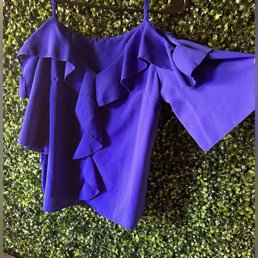 Royal Blue Ruffled Trim Cold Shoulder Blouse